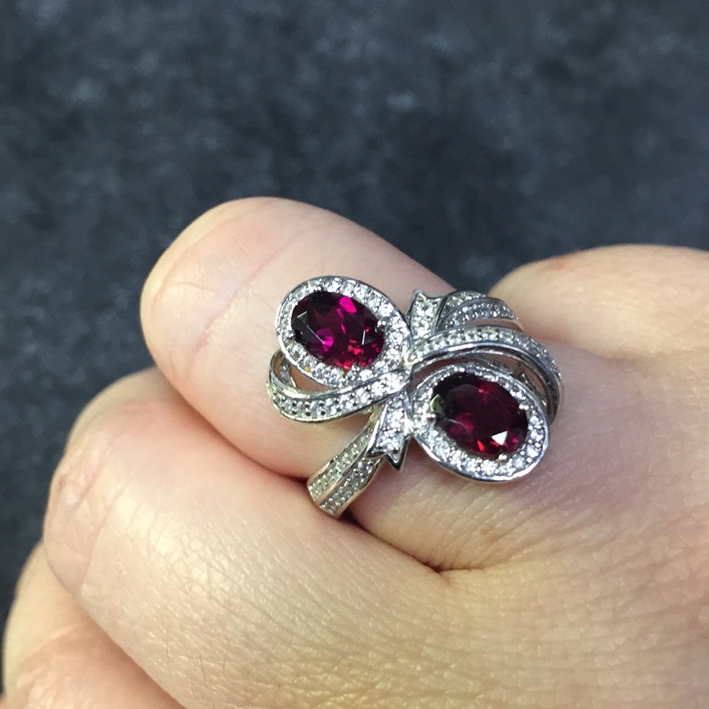 Silver garnet and white sapphire ring